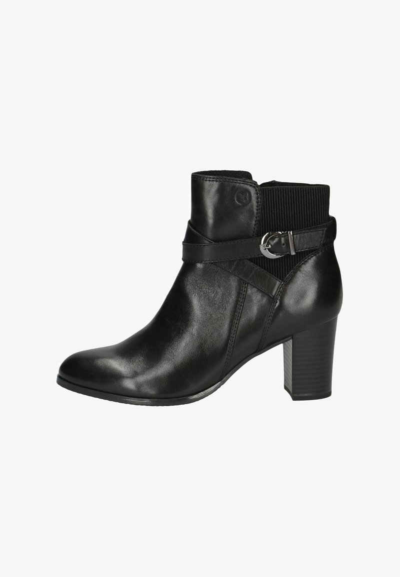 Bottine en cuir noir avec talon bloc, bord-côte en tissu et bride latérale décorative avec boucle.