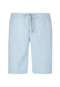 Lichtblauwe shorts van lichtgewicht stof, met een elastische tailleband en een trekkoord voor een verstelbare pasvorm en zonder zichtbare patronen.