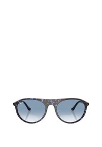 Gafas de sol con montura de carey oscuro, lentes azules degradados y forma redondeada; cuenta con patillas elegantes y detalle del logo en la montura.