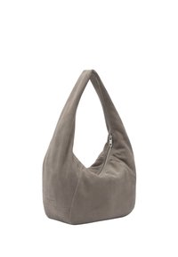 Szara zamszowa torba na ramię z zaokrąglonym uchwytem, zamkiem błyskawicznym na górze i miękką, gładką teksturą. Posiada minimalistyczny design.