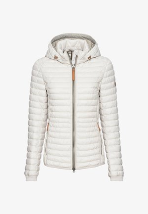 White quilted jacket with hood, full front zipper, zippered side pockets, and brown zipper pulls.