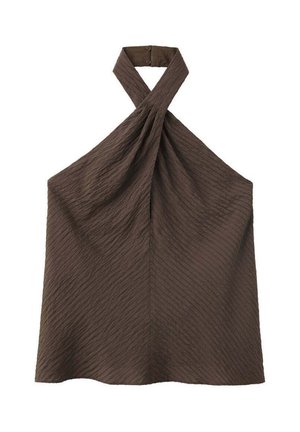 Haut marron texturé sans manches à col licou torsadé avec fermeture boutonnée à l'arrière du cou.