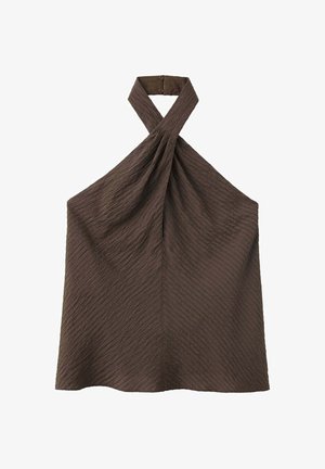 Haut marron texturé sans manches à col licou torsadé avec fermeture boutonnée à l'arrière du cou.