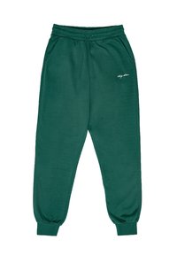 Zaļas kokvilnas sporta bikses ar elastīgu jostu, sānu kabatām un ribotām piedurknēm. Uz kreisās augšstilba ir neliels balts logotips.