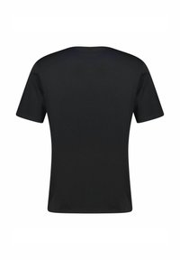 Schwarzes Baumwoll-T-Shirt mit Rundhalsausschnitt, kurzen Ärmeln und glatter Textur. Die Rückansicht zeigt eine körperbetonte Silhouette ohne Logos oder Muster.