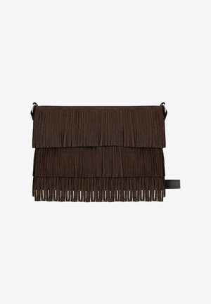 Brown suede clutch bag with three layered fringe panels and a side strap loop, set against a white background.
