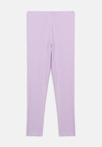 Lavendel leggings tillverkade av mjukt, elastiskt tyg med en slät yta, med en åtsittande design och standardlängd med en enkel fåll.