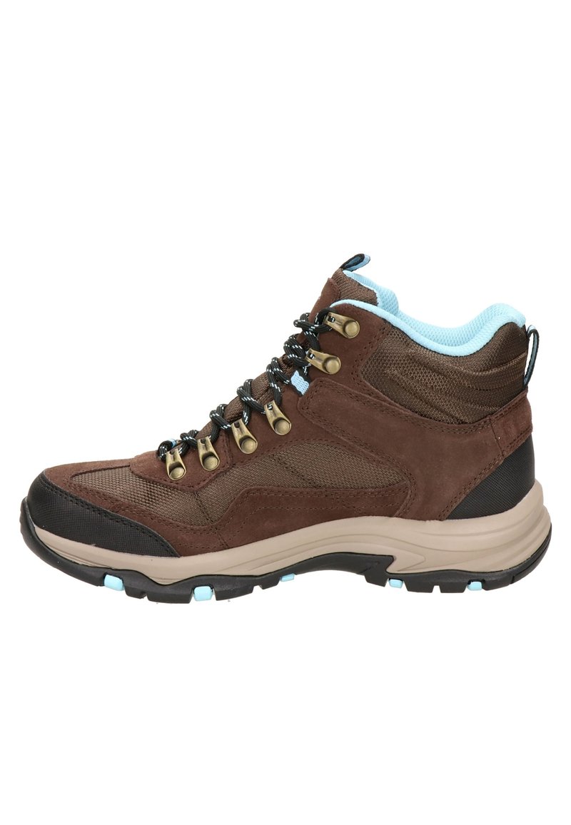 Bota de senderismo marrón con materiales de malla y ante, acentos azul claro, suela de goma negra y ojales metálicos para los cordones.