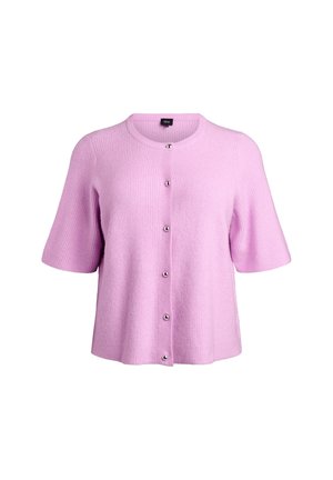 Kortærmet, lyse lilla strikket cardigan med rund halsudskæring og seks sølvknapper foran.