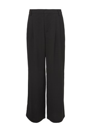 Black wide-leg trousers with a smooth texture, pleated front, side pockets, and a tailored waistband for a relaxed yet structured fit.