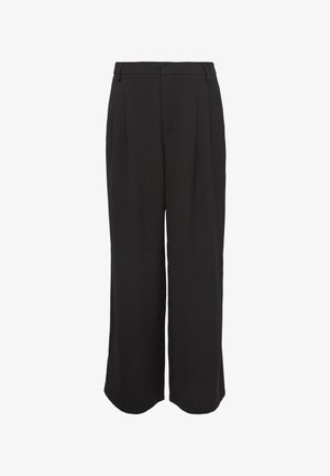 Black wide-leg trousers with a smooth texture, pleated front, side pockets, and a tailored waistband for a relaxed yet structured fit.