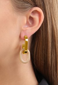 Guldtonade örhängen med en geometrisk design bestående av en solid guld rektangulär länk och en genomskinlig beige oval länk nedanför.