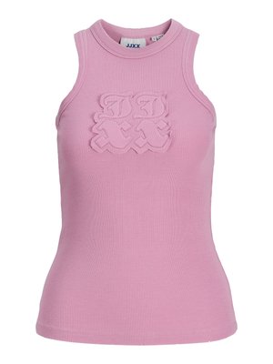 Ribbed sleeveless top in light pink with a round neckline. Features a textured logo detailing at front. Fabric: soft and stretchy.