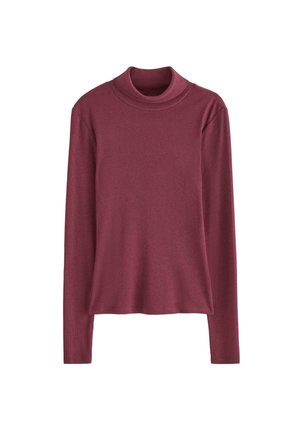 Burgunderfarvet langærmet turtleneck top med en blød, ribbet tekstur og en afslappet pasform. Har en høj halsudskæring og en buet nederkant.