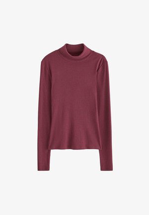 Burgunderfarvet langærmet turtleneck top med en blød, ribbet tekstur og en afslappet pasform. Har en høj halsudskæring og en buet nederkant.