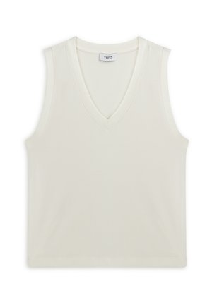 Top senza maniche bianco con scollatura a V. Realizzato in tessuto morbido, con un design semplice e bordi puliti. Etichetta del marchio visibile nella scollatura.