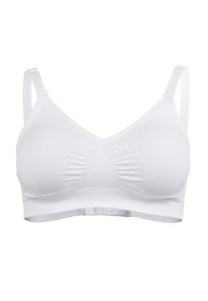 Weißer BH aus weichem, dehnbarem Material. Verfügt über verstellbare Träger, einen V-Ausschnitt und geraffte Details für zusätzliche Textur.