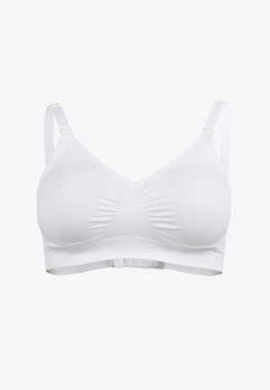 Weißer BH aus weichem, dehnbarem Material. Verfügt über verstellbare Träger, einen V-Ausschnitt und geraffte Details für zusätzliche Textur.