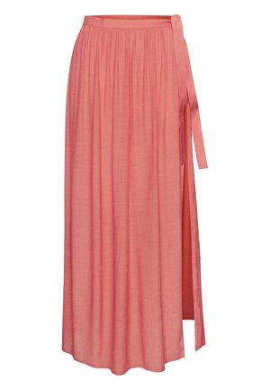 Koralsko ružasta suknja na preklop sa bočnim vezanjem i prorezom, izrađena od lagane, blago teksturirane tkanine, midi duljine.