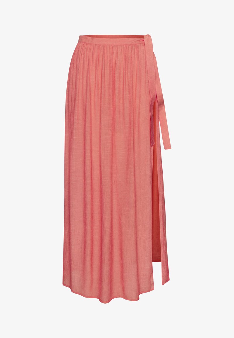 Korallroosa voltseelik küljetie ja lõhikuga, valmistatud kerge ja kergelt tekstuurse kangaga, midi pikkusega.