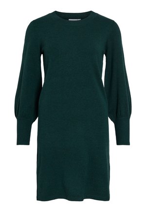 Vestido de punto verde con escote redondeado, mangas largas abullonadas y puños acanalados. La tela parece suave con una textura lisa.