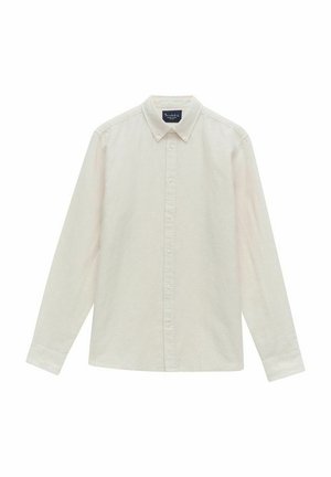 Langærmet, lys creme knap-besat skjorte med standard krave. Lavet af blødt stof, har en ensartet tekstur og en lige kant.