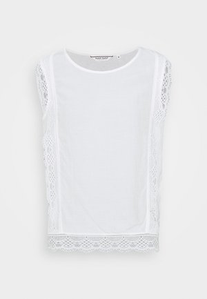 Weißes ärmelloses Oberteil mit rundem Ausschnitt und Spitzenbesatz an den Seiten und am Saum, Größe Medium, Marke NAF NAF.