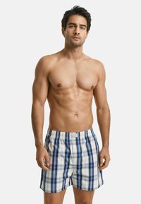 Shorts à carreaux pour homme en bleu, blanc et marine, fabriqués en tissu léger, avec une taille élastique et une étiquette de logo à l'avant.