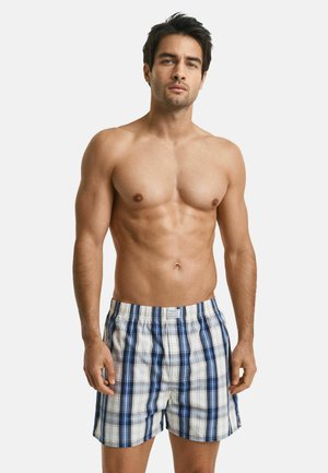 Heren geruite shorts in blauw, wit en marineblauw, gemaakt van lichtgewicht stof met een elastische tailleband en een logotag aan de voorkant.