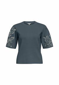 Haut gris foncé à manches courtes avec broderie florale blanche sur les manches et un col rond.