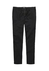 Zwarte katoenmix broek met een aantrekkoord en knoopsluiting, met een slim fit en subtiele glans. Inclusief twee zijzakken.