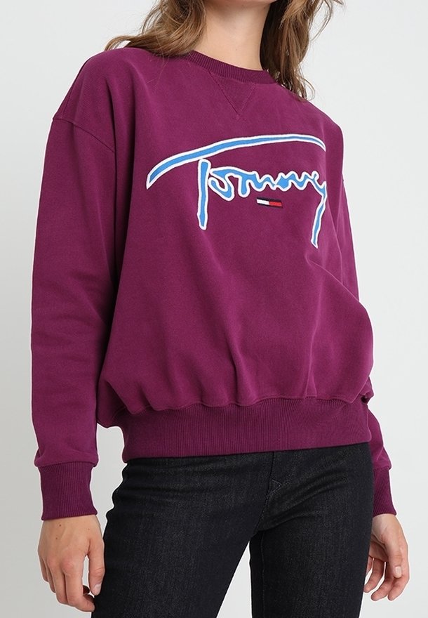 Personne portant un sweat-shirt violet à manches longues avec un grand logo brodé et un pantalon sombre, debout sur un fond uni.