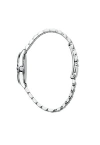 Orologio in acciaio inossidabile con cassa rotonda, bracciale elegante con maglie ovali e corona testurizzata. Finitura argentata riflettente su tutta la superficie.