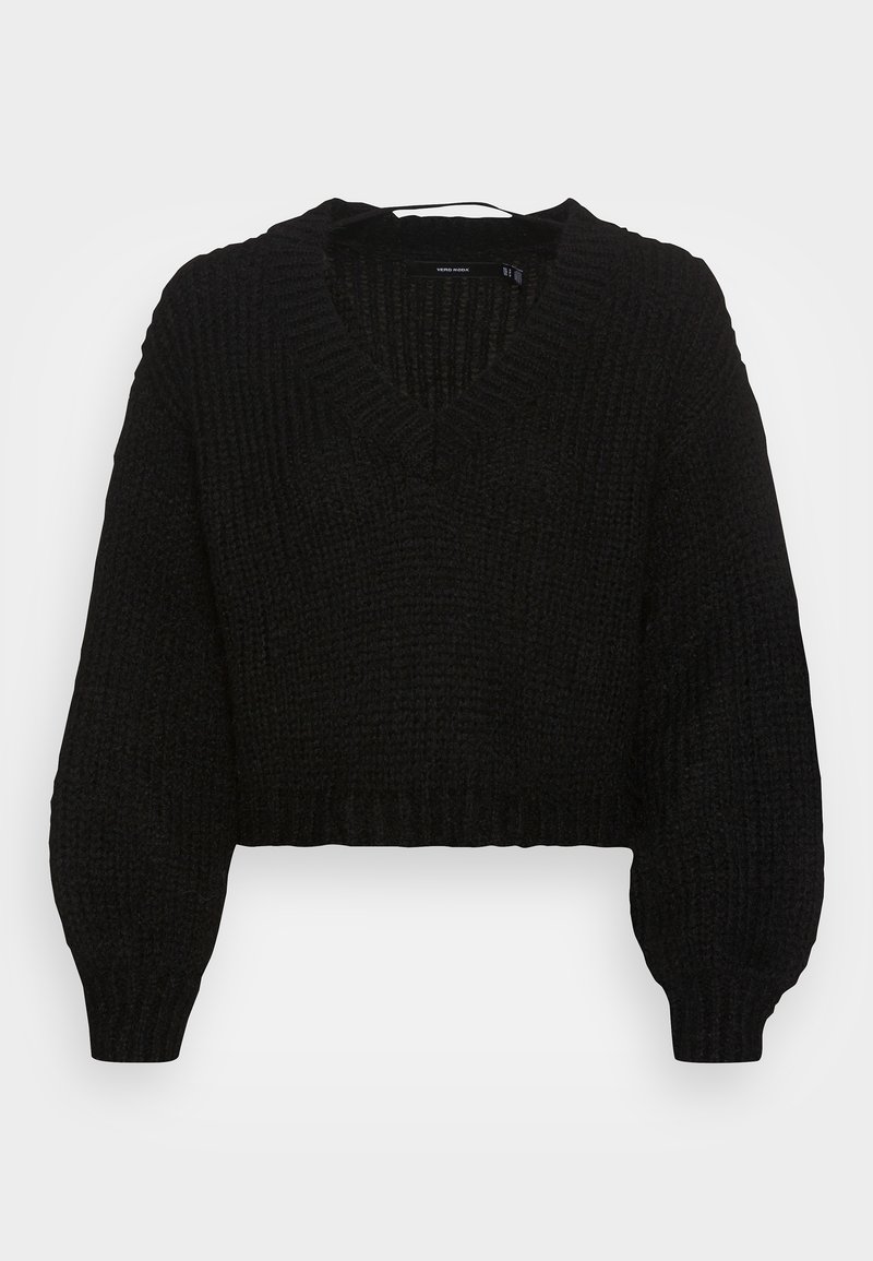 Černý krátký svetr s výstřihem do V, žebrovanou texturou a balónovými rukávy. Vyrobený z husté pleteniny. Elastický lem.
