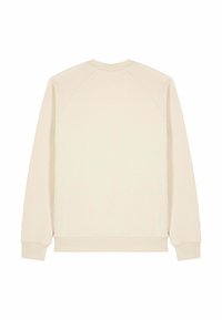 Cream-colored long-sleeve sweatshirt with ribbed cuffs and hem, displayed flat showing the back side.