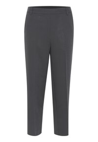 Pantalons gris ajustés avec une finition lisse, taille mi-haute et coupe au-dessus de la cheville. Présente un design classique sans motifs ni accents visibles.