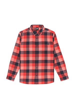 Red and black plaid shirt made of woven fabric, featuring a button-up front, long sleeves, a collar, and a pocket on the left chest.