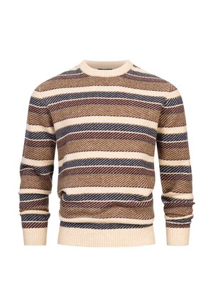 Dzianinowy sweter w kremowym, brązowym i granatowym kolorze z poziomym wzorem w paski. Posiada okrągły dekolt oraz ściągacze przy mankietach i u dołu.