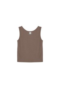 Bezramionkowy brązowy prążkowany crop top z okrągłym dekoltem i małą prostokątną metką na środku pleców, blisko dekoltu.