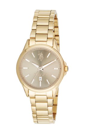 Orologio da polso analogico color oro con bracciale a maglie, tre lancette, indicazione della data alle 6 e logo impresso sotto la posizione delle 12.