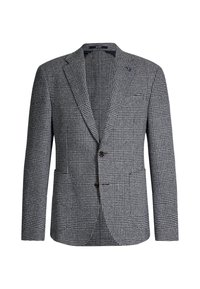 Blazer da uomo su misura con motivo a quadri bianchi e neri, rever a punta, chiusura a due bottoni e tasche applicate, esposto su sfondo bianco.