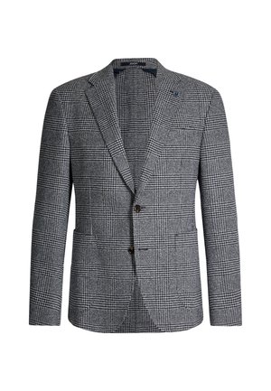 Herengetailleerde blazer met zwart-wit geruiten patroon, met gesneden revers, een tweeknoopsluiting en opgestikte zakken, gepresenteerd op een witte achtergrond.