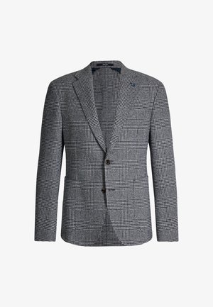 Blazer pour homme ajusté avec un motif pied-de-poule noir et blanc, revers crantés, fermeture à deux boutons et poches plaquées, présenté sur fond blanc.