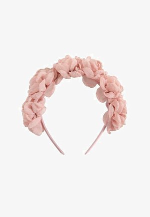 Bandeau en tissu à fleurs roses avec des pétales regroupés, disposés densément le long de la bande, créant une apparence douce et texturée.