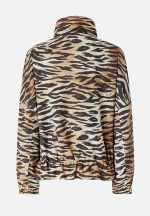 Giacca a maniche lunghe con polsini ed orlo elasticizzati, caratterizzata da un motivo animalier a righe di tigre nei colori beige, marrone e nero.