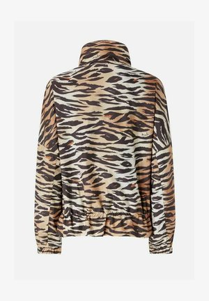 Giacca a maniche lunghe con polsini ed orlo elasticizzati, caratterizzata da un motivo animalier a righe di tigre nei colori beige, marrone e nero.
