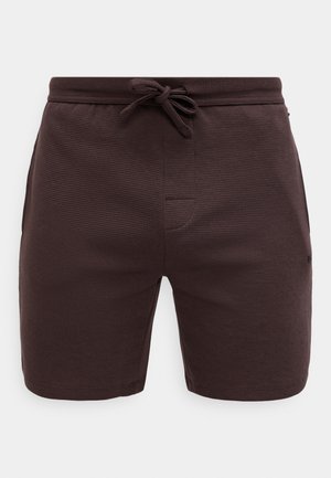 Donkerbruine, gestructureerde herenshorts met elastische tailleband en trekkoord, voorzakken en een lengte tot halverwege de dij.