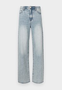 Φαρδύ τζιν παντελόνι σε ανοιχτό μπλε χρώμα, κατασκευασμένο από ντένιμ, με ψηλή μέση, σχέδιο με πέντε τσέπες, εφέ φθαρμένου υφάσματος και εμφανείς ραφές.