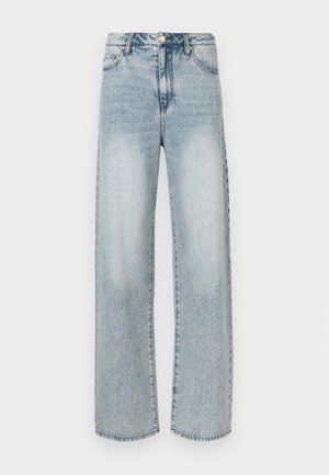 Jeans a gamba larga azzurro chiaro in denim, con vita alta, design a cinque tasche, effetto vissuto e dettagli di cuciture visibili.