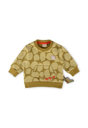 Felpa verde per bambino con macchie irregolari verde chiaro, tasca frontale con punte di stoffa rosse e una piccola coda di dinosauro attaccata lateralmente.